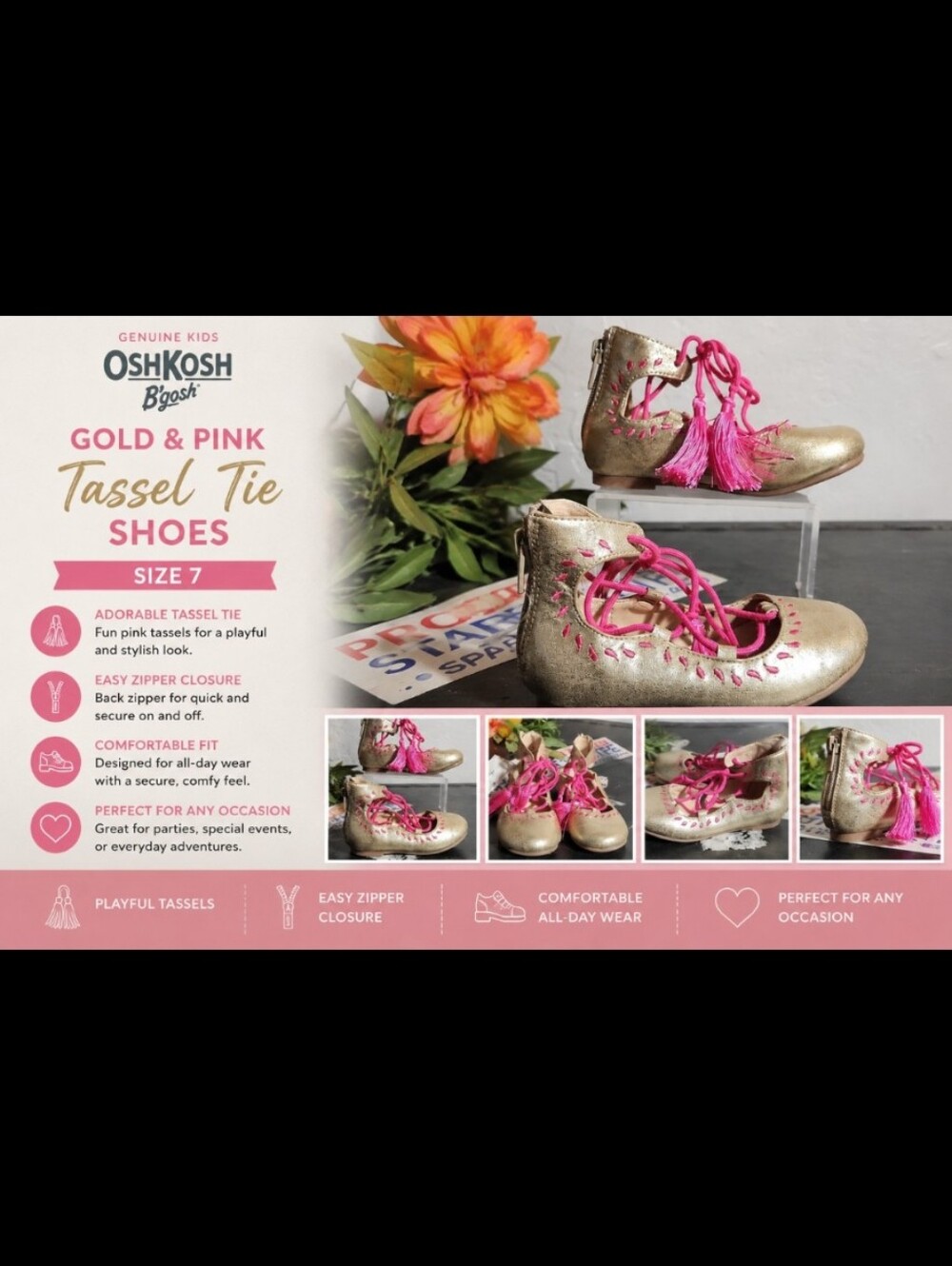 GENUINE KIDS Oshkosh B'gosh Gold Pink Tassle Tie Heel Zipper Shoe 7